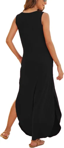 Vista 3 de Hount Vestido de verano casual sin mangas para mujer, largo, dividido, maxi con bolsillos