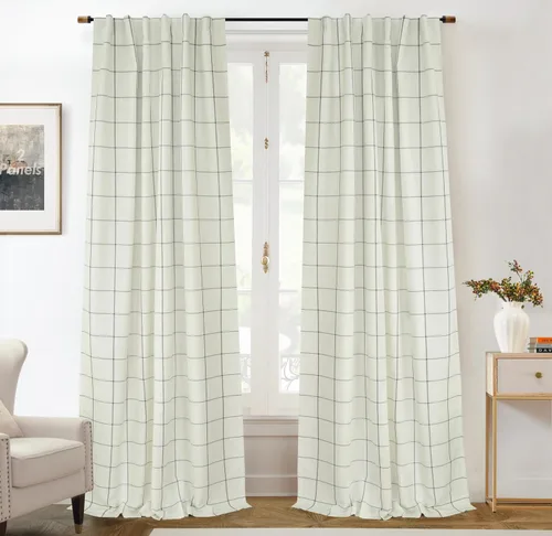 Vista 22 de DriftAway 2 paneles cortinas de lino a cuadros 100% opacas de doble capa cortinas para dormitorio de 96 pulgadas de largo estilo granja con Gris