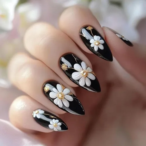 Vista 20 de Uñas postizas de almendra medianas MABKJLF con punta francesa, uñas falsas 3D con diseños de pedrería de flores de fresa, uñas pegajosas brillantes 1