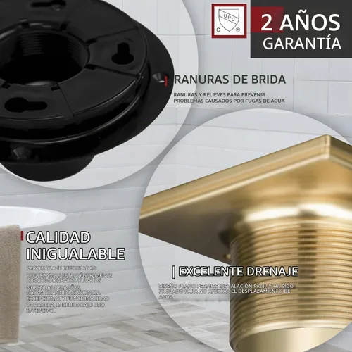 Vista 4 de Uni-Green Drenaje de ducha de bronce champán de 4-1/4 pulgadas, kit de drenaje de ducha cuadrado dorado con brida ABS para tubo de 2 o 3 pulgadas