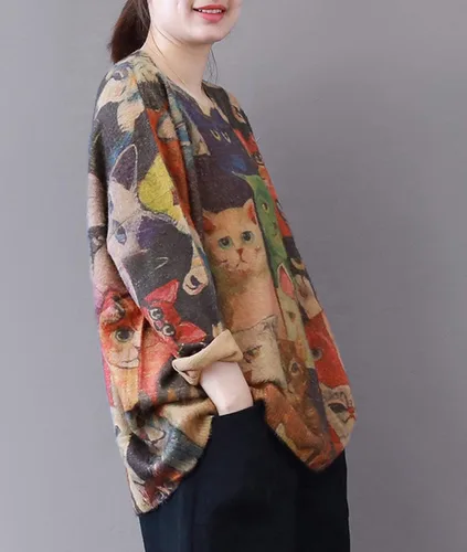 Vista 2 de YESNO - Suéter tejido de ajuste holgado y manga larga para mujer, con estampado gráfico, sin botones, casual - S01
