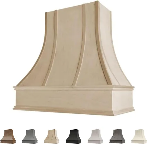 Vista 15 de Cubierta curvada para campana extractora de nogal americano con molduras decorativas, cubiertas de madera para campana extractora de pared, madera