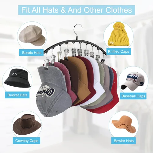 Vista 5 de Percheros para armario, organizador de sombreros de metal, paquete de 1 perchero para colgar en el armario, percheros para gorras de béisbol con 10