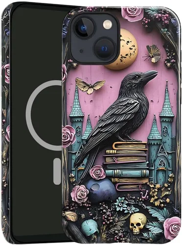 Vista 18 de Funda compatible con iPhone 13, compatible con MagSafe, funda híbrida de 2 capas con prevención de caídas brillante para niñas y niños, arte floral