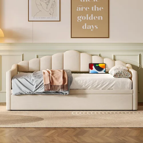 Vista 16 de Cama Diván Moderna Tamaño Twin XL con Cinturón LED y Cama Nido, Marco de Cama Plataforma de Madera con Cabecera Tapizada con Almacenamiento, Sofá