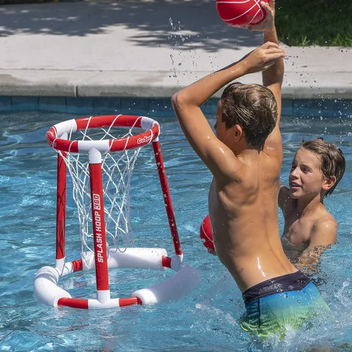 Vista 5 de GoSports Splash Hoop 360 - Juego de baloncesto flotante para piscina - Elija rojo o azul - Incluye aro, 2 pelotas y bomba