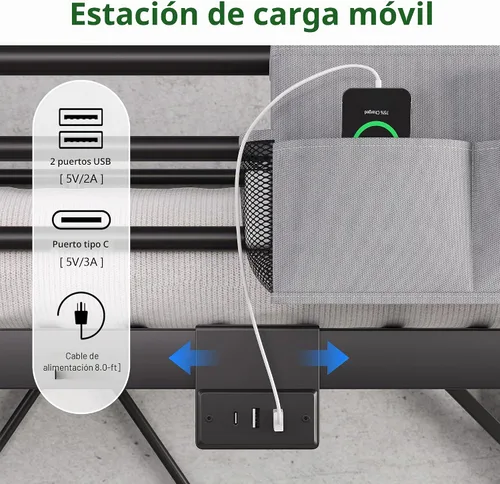 Vista 4 de Cama tipo loft tamaño Twin con luces LED y estación de carga, marco de cama loft de metal industrial de servicio pesado con escalera y barandilla