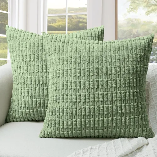 Vista 21 de Juego de 4 fundas de almohada decorativas de pana de 16 x 16 pulgadas, beige y verde Fundas de almohada suaves a rayas estilo bohemio moderno