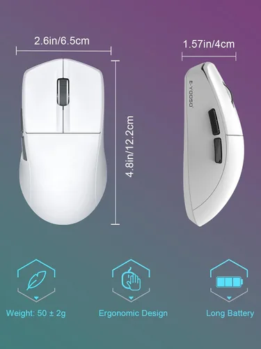 Vista 8 de E-YOOSO Ratón inalámbrico ligero para juegos, mouse inalámbrico de tres modos para deportes electrónicos con 5 botones programables, 4000 DPI