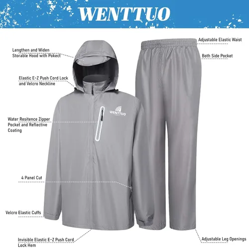 Vista 3 de WENTTUO Chaqueta impermeable para hombre, chaqueta de lluvia para hombre, traje de pantalones, abrigos de lluvia para hombres, equipo de lluvia