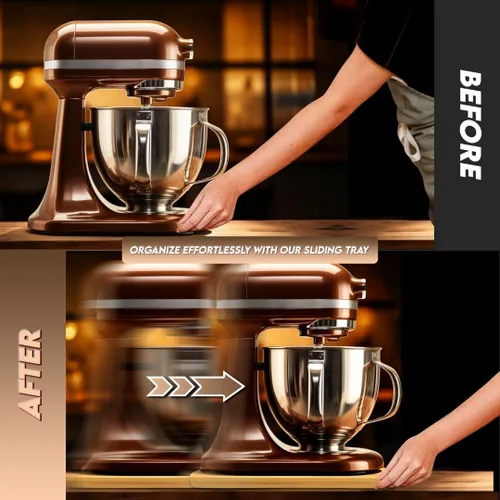 Vista 6 de Bandeja deslizante de bambú para cafetera y electrodomésticos de cocina pesados con ruedas giratorias debajo del gabinete, organizador