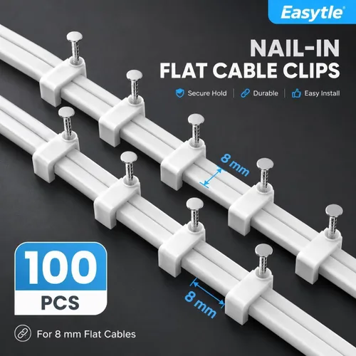 Vista 2 de Clips de cable para clavos, 100 clips de cable Ethernet planos de 0.315 pulgadas, clips de pared para cable coaxial, clips de cable para altavoces
