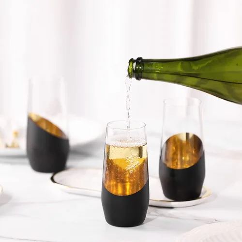 Vista 4 de MyGift Juego de 4 copas de champán negras y doradas sin tallo, vasos de fiesta de boda de 11 onzas, utensilios de bar modernos para vino espumoso