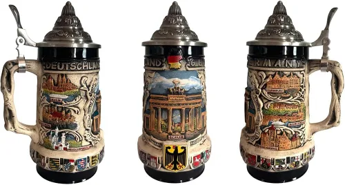 Vista 4 de Taza de cerveza con diseño de castillos alemanes de color verde oscuro con tapa Petwer Regalos de cumpleaños de 0.8 litros (verde oscuro)