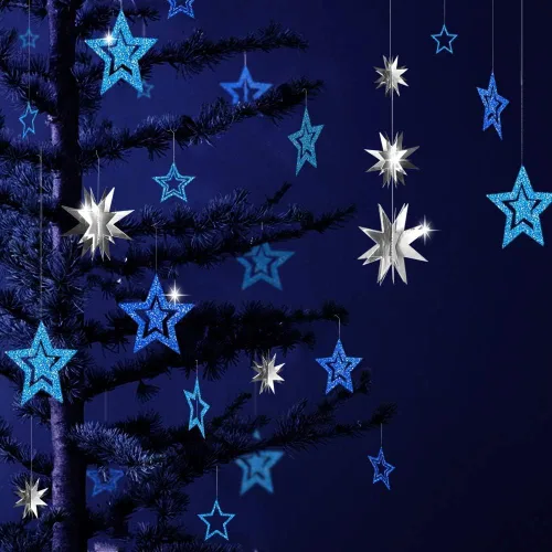 Vista 5 de Decor365 Guirnalda de estrellas azules colgantes 3D con purpurina de estrella pequeña, suministros de fiesta azul marino brillante para baby shower