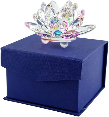 Vista 20 de Loto de cristal transparente, flor de cristal brillante con caja de regalo, reflejo de tono, purpurina, paz, pureza, buena fortuna, sabiduría