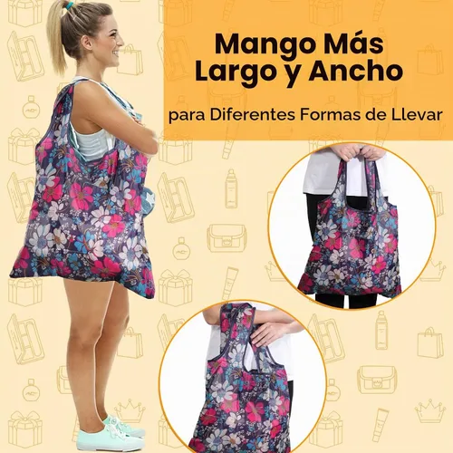 Vista 2 de Paquete de 9 bolsas de comestibles reutilizables, bolsas de compras plegables, bolsa de nailon con asas, lavable, grande, ligera