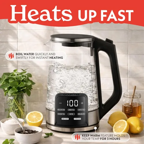 Vista 7 de Gourmia Hervidor eléctrico programable de vidrio – 1.7L Control de temperatura para té y café con pantalla táctil digital, 6 ajustes