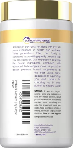 Vista 3 de Carlyle Probiótico 100 mil millones de UFC 120 cápsulas Liberación 31 cepas probióticas Con fibra prebiótica Veganas, sin OMG, sin gluten