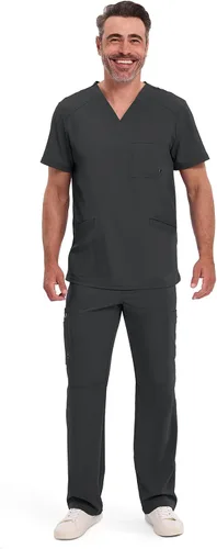Vista 2 de Cherokee Infinity Men's V-Neck Scrub Top with 3 Pockets and 360° Stretch Negro