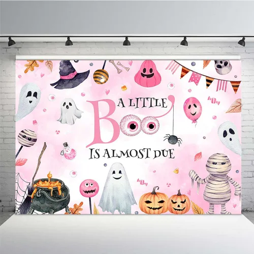 Vista 8 de MEHOFOND Telón de fondo de Halloween de 7 x 5 pies con texto en inglés "A Little Boo is Almost Due Pumpkin Photography Background Blue Watercolor