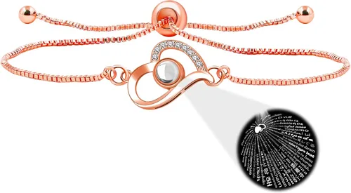 Vista 10 de Pulsera ajustable de cadena de plata/oro rosa, 4 dijes de corazón diferentes en 100 idiomas con texto en inglés "Say I Love You", pulsera