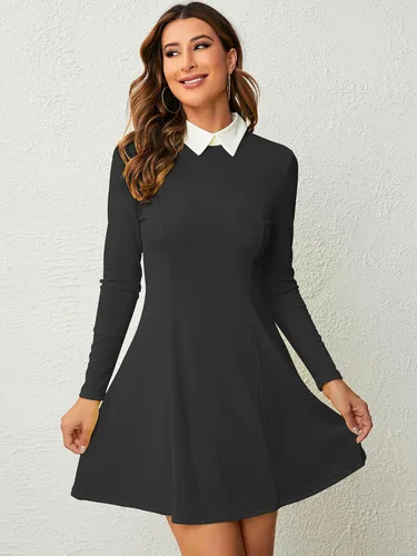 Vista 2 de Vestido de manga larga para mujer, con cuello Peter Pan, ajuste y acampanado para el miércoles Addam