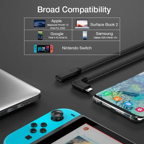 Vista 6 de UseBean Cable de extensión USB C en ángulo recto de 0.6 pies, 90 grados USB-C 3.2 Gen 2 20Gbps macho a hembra tipo C 4K cable extensor de video
