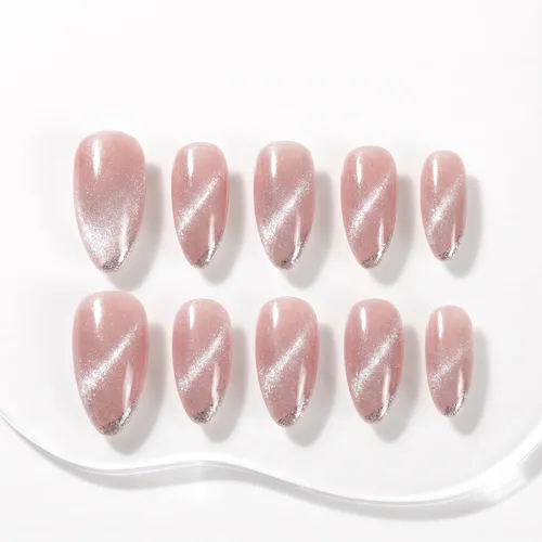 Vista 17 de Sun&Beam Nails Dije hecho a mano de almendra media larga con diseño de diamante de color nude, lindas puntas de uñas postizas, 10 unidades (#99 S)