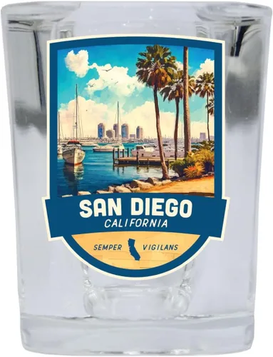 Vista 2 de San Diego California Souvenir - Vaso de chupito cuadrado de 2.5 onzas, base azul B