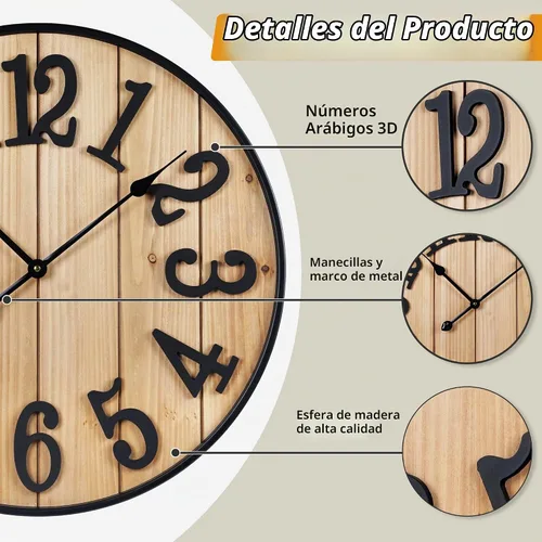 Vista 2 de Reloj de pared grande de 16 pulgadas, reloj de pared silencioso de metal estilo madera, funciona con pilas para decoración de sala de estar, reloj