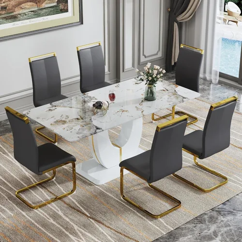 Vista 66 de JUFU Juego de mesa de comedor moderno para 4, juego de mesa de cocina rectangular de 63 pulgadas con mesa de mármol sintético y 4 sillas tapizadas