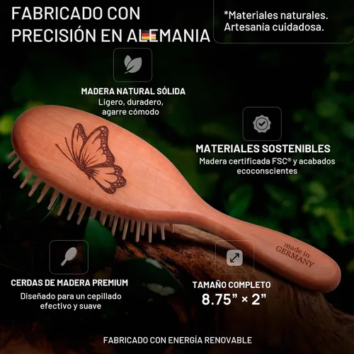 Vista 7 de Cepillo de pelo de madera, cerdas de madera redondeadas, antiestático, fabricado en Alemania Rounded wooden bristles massage the scalp