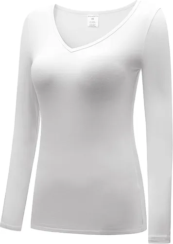 Vista 2 de OThread Co Camiseta de manga larga con cuello en V para mujer con capa básica de licra