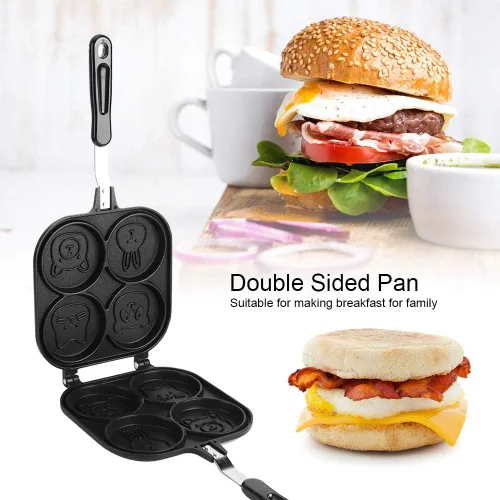 Vista 7 de Oumefar Waffle Maker - Sartén cuadrada para panqueques con 4 agujeros de doble cara con patrón de animales de dibujos animados, antiadherente