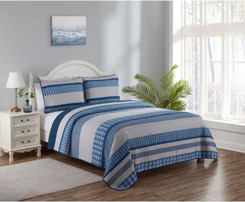 Vista 3 de Legacy Decor Colcha reversible de 3 piezas, diseño de retazos azules y blancos, microfibra ultra suave, tamaño individual