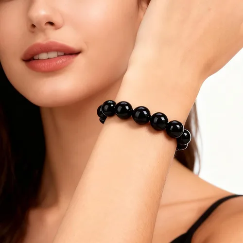 Vista 4 de Long tiantian Shungite Pulsera de ónix negro, joyería negra para mujeres y hombres, pulsera de piedra de obsidiana, regalos de joyería