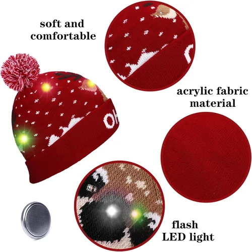 Vista 3 de Geyoga Sombrero de suéter de Navidad con luces LED, gorro de punto, gorro de invierno unisex