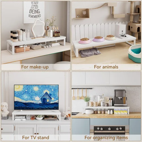 Vista 9 de IBUYKE Soporte elevador grande para monitor doble para 2 monitores, soporte de madera para monitor de computadora de escritorio, estante de Blanco