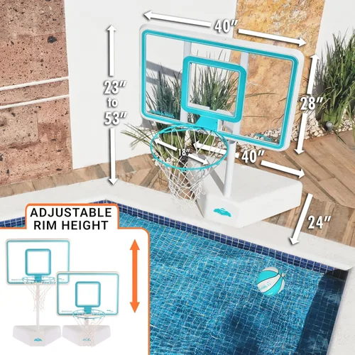 Vista 5 de Dunn-Rite Splash & Shoot, aro de baloncesto ajustable para piscina al aire libre con altura variable, pelota, base y borde de acero inoxidable de 18