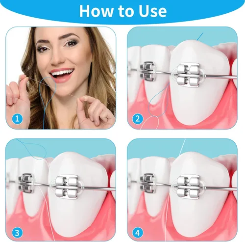 Vista 4 de Amabro Enhebradores de hilo dental, 100 unidades de hilo dental de limpieza profunda para frenos, puentes, implantes, cuidado de la salud oral