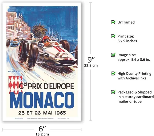 Vista 2 de Mónaco Grand Prix Europe (Gd Prix D'Europe) - Póster de carreras de coches vintage por Michel Beligond c.1963 - Impresión artística maestra