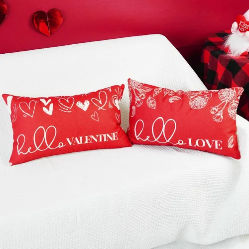 Vista 3 de ONWAY Juego de 2 fundas de almohada para el día de San Valentín de 12 x 20 pulgadas, decoración de corazón rosa con texto en inglés "Hello