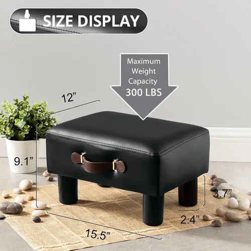 Vista 2 de Taburete de pie pequeño con asa, reposapiés corto de piel sintética negra, taburetes rectangulares de almacenamiento otomano con patas de plástico