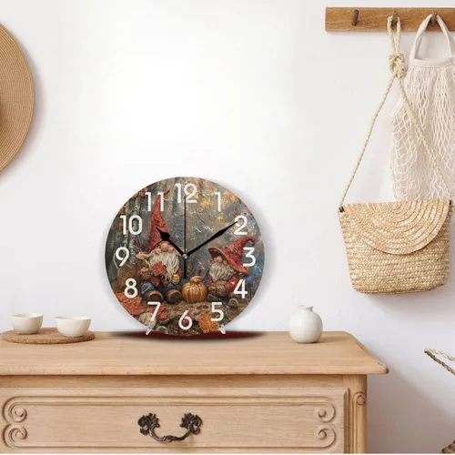 Vista 4 de Reloj de pared redondo retro de otoño con dos gnomos y calabaza de 10 pulgadas, funciona con pilas, reloj de escritorio analógico silencioso sin