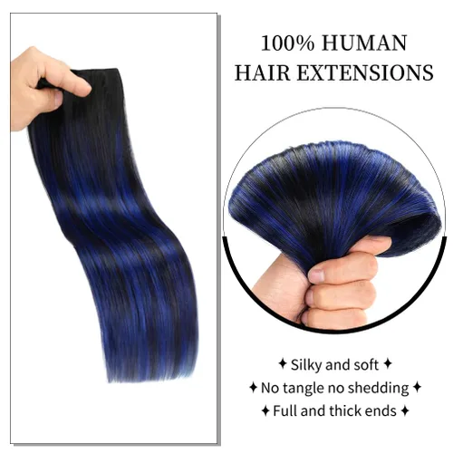 Vista 3 de Winsky - Extensiones de cabello humano real Remy - Una pieza azul balayage, extensiones de cabello con clip, 70 gramos para mujer