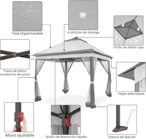 Vista 4 de Yaheetech - Tienda de campaña al aire libre de 11 x 11 pies, refugio instantáneo para patio con toldo para el sol, toldo con 4 sacos de arena, techo