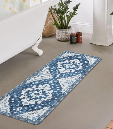 Vista 15 de Uphome Alfombra de baño vintage, azul, bohemio, antideslizante, oriental, suave, lavable a máquina, lindas alfombras de baño tribales florales