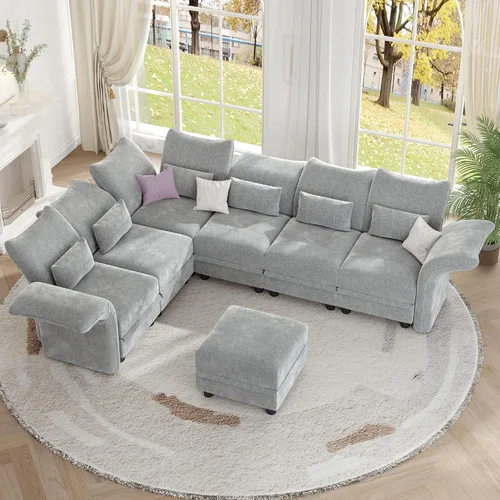 Vista 11 de LLappuil - Sofá seccional en forma de L con almacenamiento, sofás seccionales modulares beige de pana para sala de estar con brazos y respaldos Pana