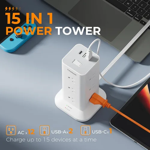 Vista 2 de TESSAN - Regleta de alimentación con protector de sobretensiones, cable de extensión de enchufe plano TESSAN de 10 pies con 12 salidas de CA con 3